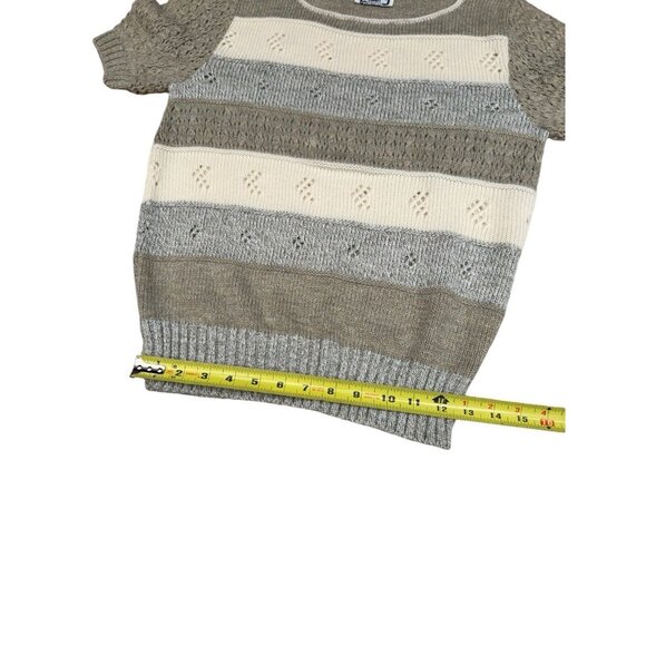 Vintage Kenneth Too Open Knit Short Sleeve Sweater Heather Grey Cream Khaki USA - Picture 9 of 12